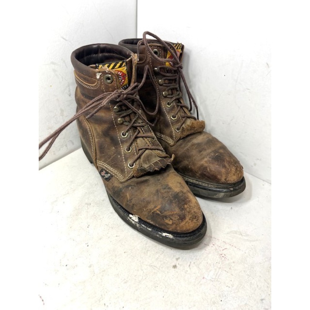 Justin Workboots Mens Brown Leather Lace Up Sz 8 USA Made Kiltie Work Boots